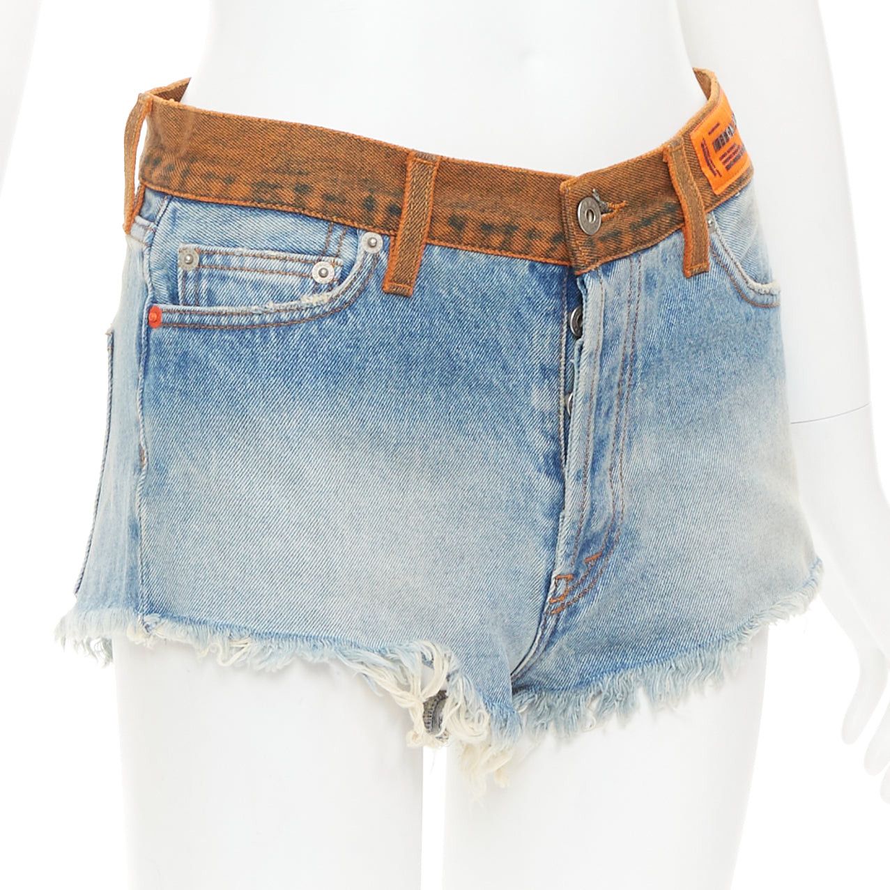 Heron Preston HERON PRESTON western cowboy blue washed denim orange waist cut off shorts 25" Size 27" / US 4 / IT 40 - 3 Thumbnail