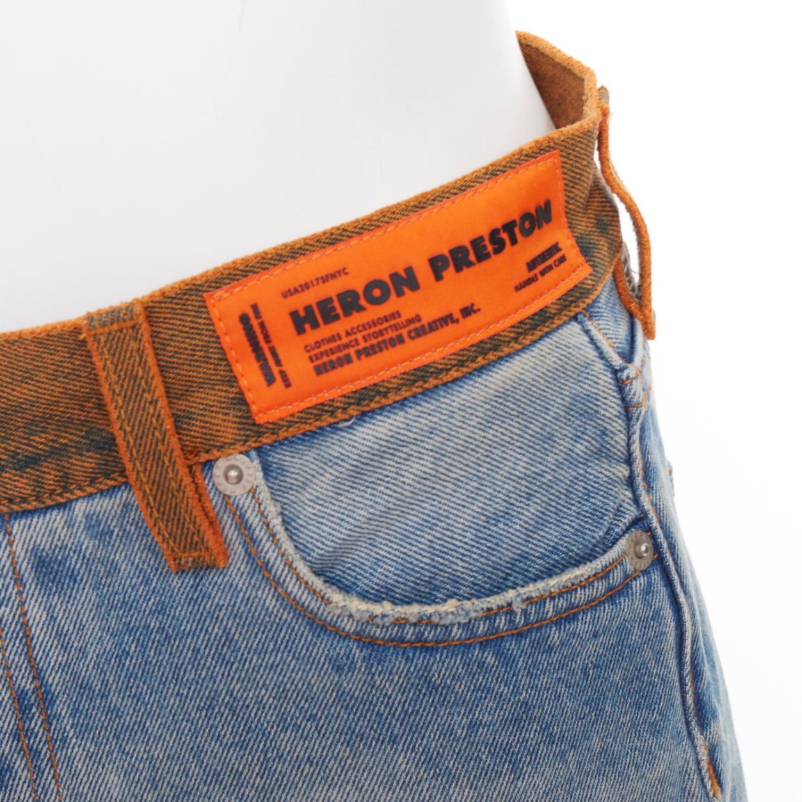 Heron Preston HERON PRESTON western cowboy blue washed denim orange waist cut off shorts 25" Size 27" / US 4 / IT 40 - 2 Thumbnail