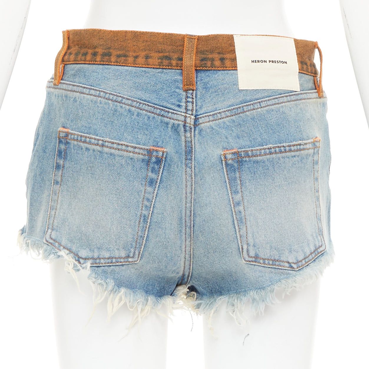 Heron Preston HERON PRESTON western cowboy blue washed denim orange waist cut off shorts 25" Size 27" / US 4 / IT 40 - 5 Thumbnail