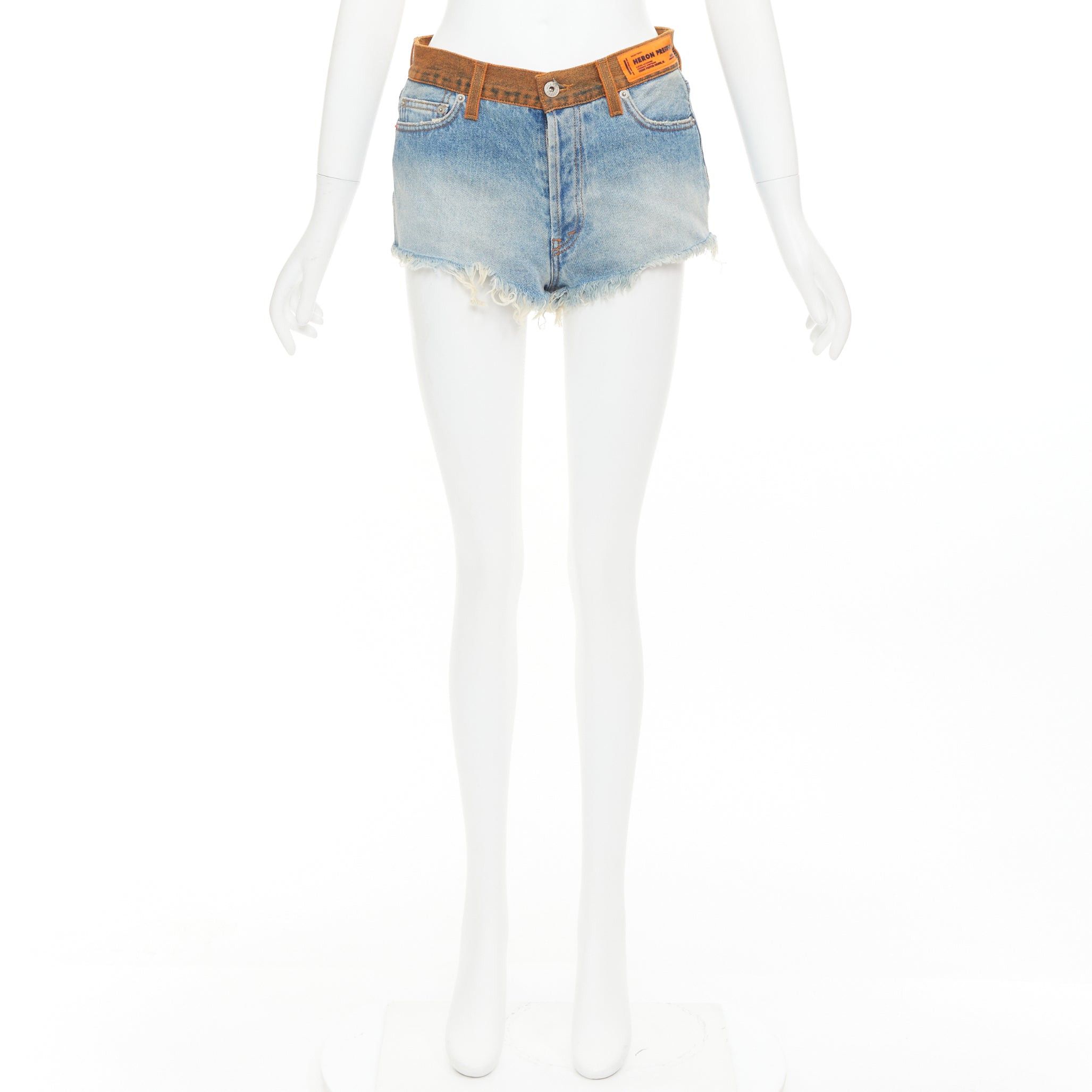 Heron Preston HERON PRESTON western cowboy blue washed denim orange waist cut off shorts 25" Size 27" / US 4 / IT 40 - 9 Thumbnail