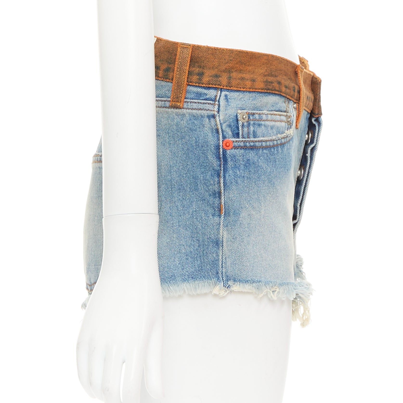Heron Preston HERON PRESTON western cowboy blue washed denim orange waist cut off shorts 25" Size 27" / US 4 / IT 40 - 4 Thumbnail