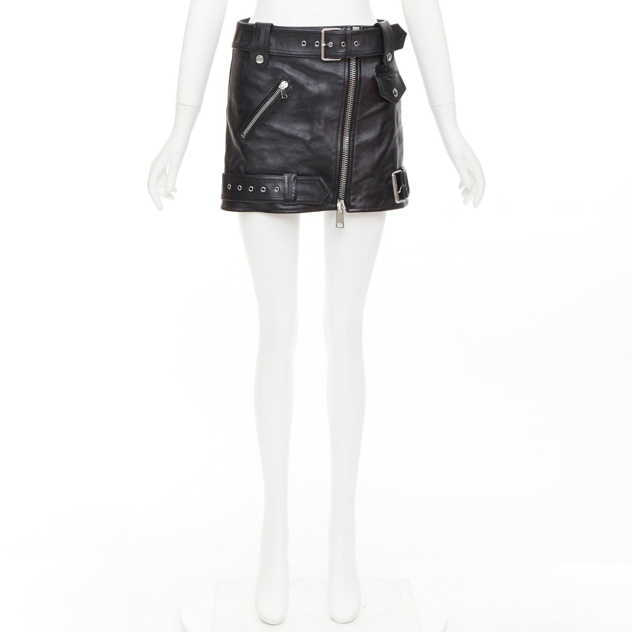 Alexander McQueen ALEXANDER MCQUEEN 2023 black cowhide leather silver biker zip detail mini skirt IT36 XXS Size 25" / US 0 / IT 36 - 9 Thumbnail