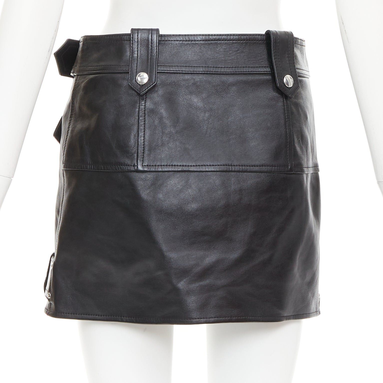 Alexander McQueen ALEXANDER MCQUEEN 2023 black cowhide leather silver biker zip detail mini skirt IT36 XXS Size 25" / US 0 / IT 36 - 5 Thumbnail