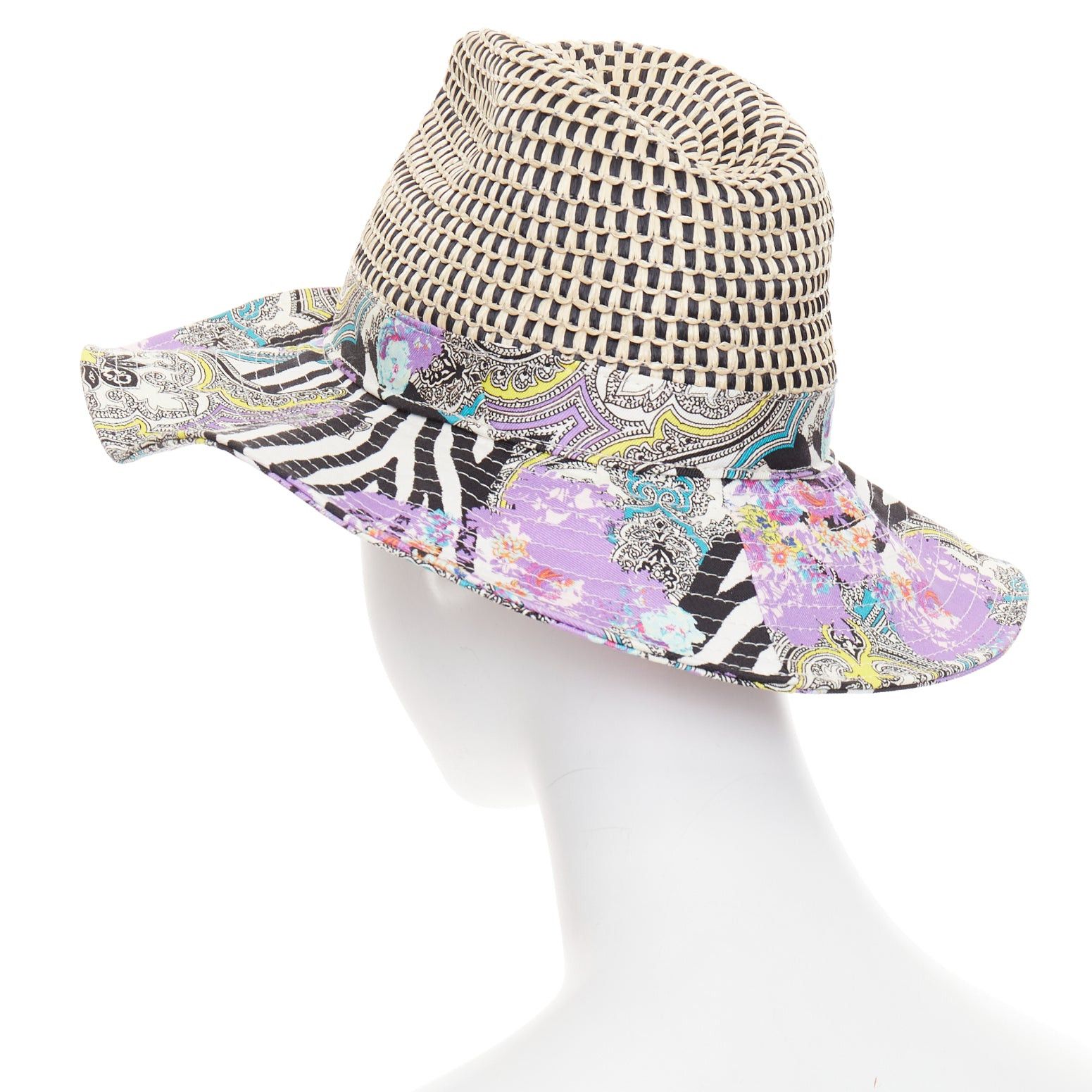 Etro ETRO purple cotton blend paisley print beige raffia jute floppy hat S Size ONE SIZE - 6 Thumbnail