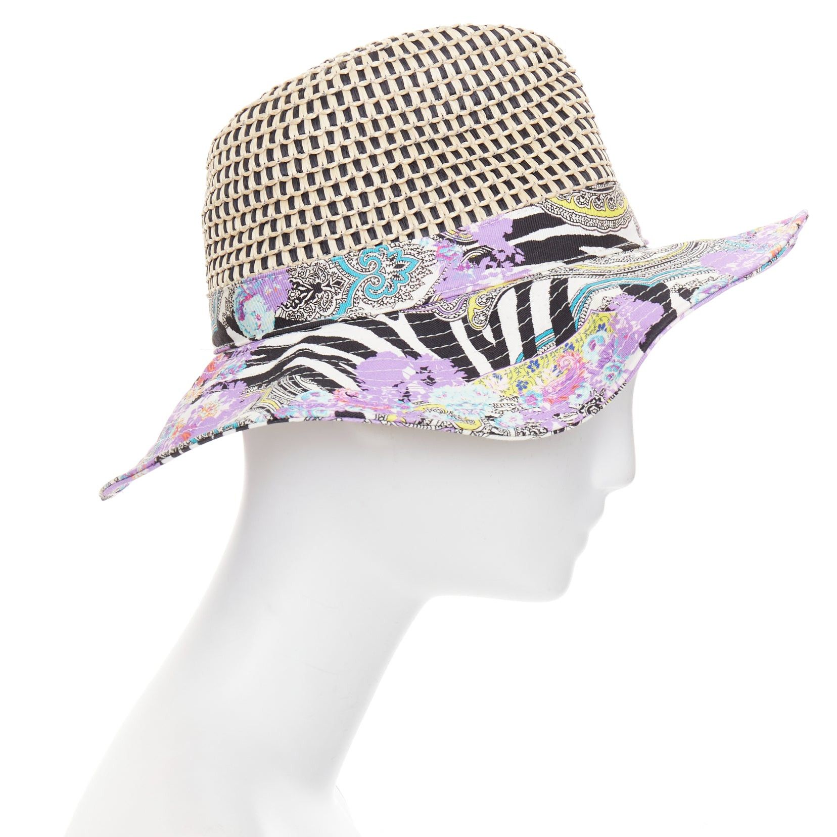 Etro ETRO purple cotton blend paisley print beige raffia jute floppy hat S Size ONE SIZE - 4 Thumbnail
