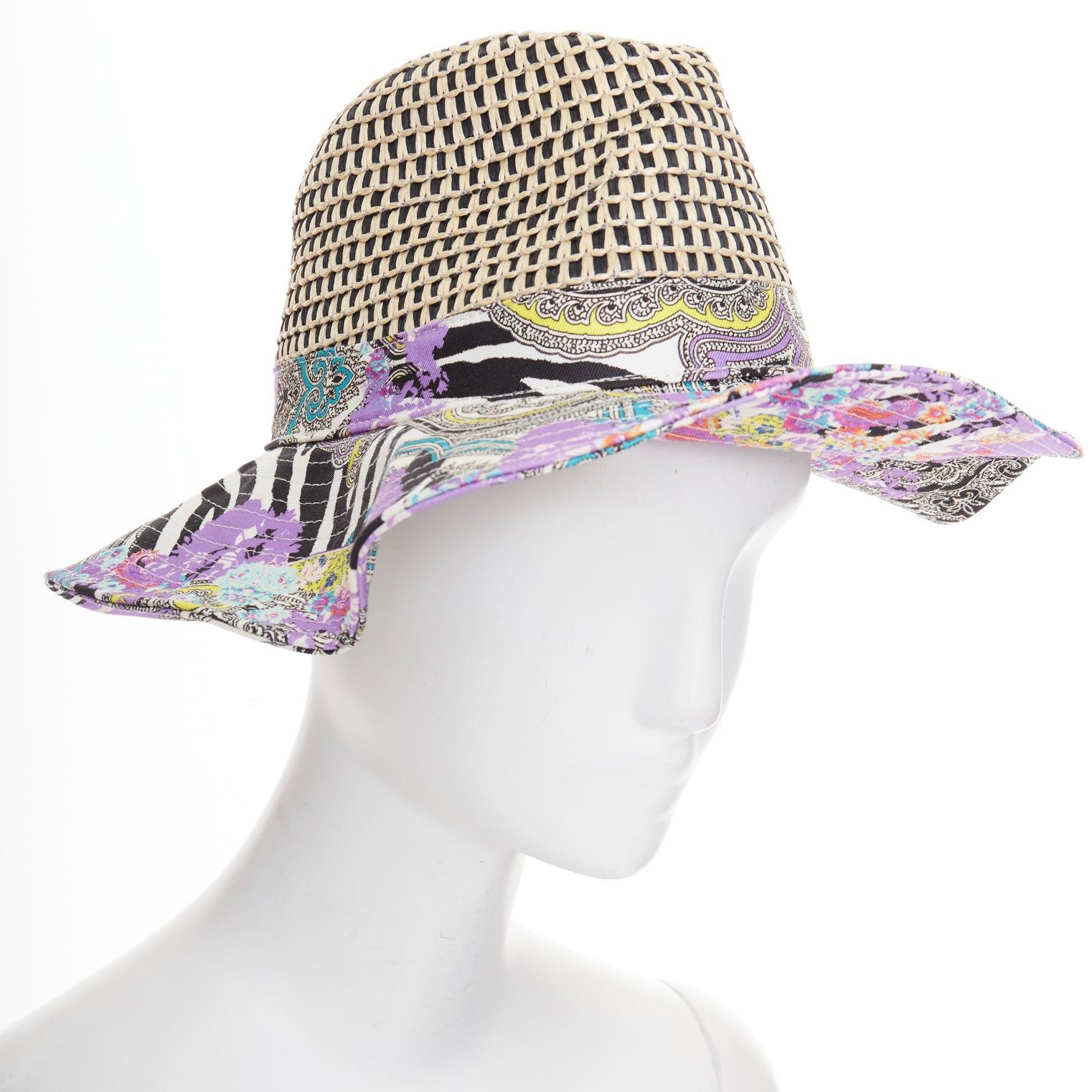 Etro ETRO purple cotton blend paisley print beige raffia jute floppy hat S Size ONE SIZE - 7 Thumbnail