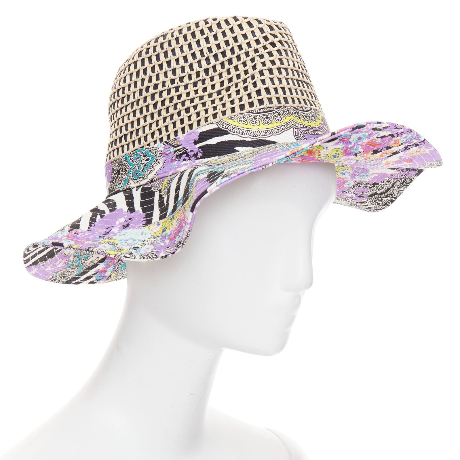 Etro ETRO purple cotton blend paisley print beige raffia jute floppy hat S Size ONE SIZE - 3 Thumbnail