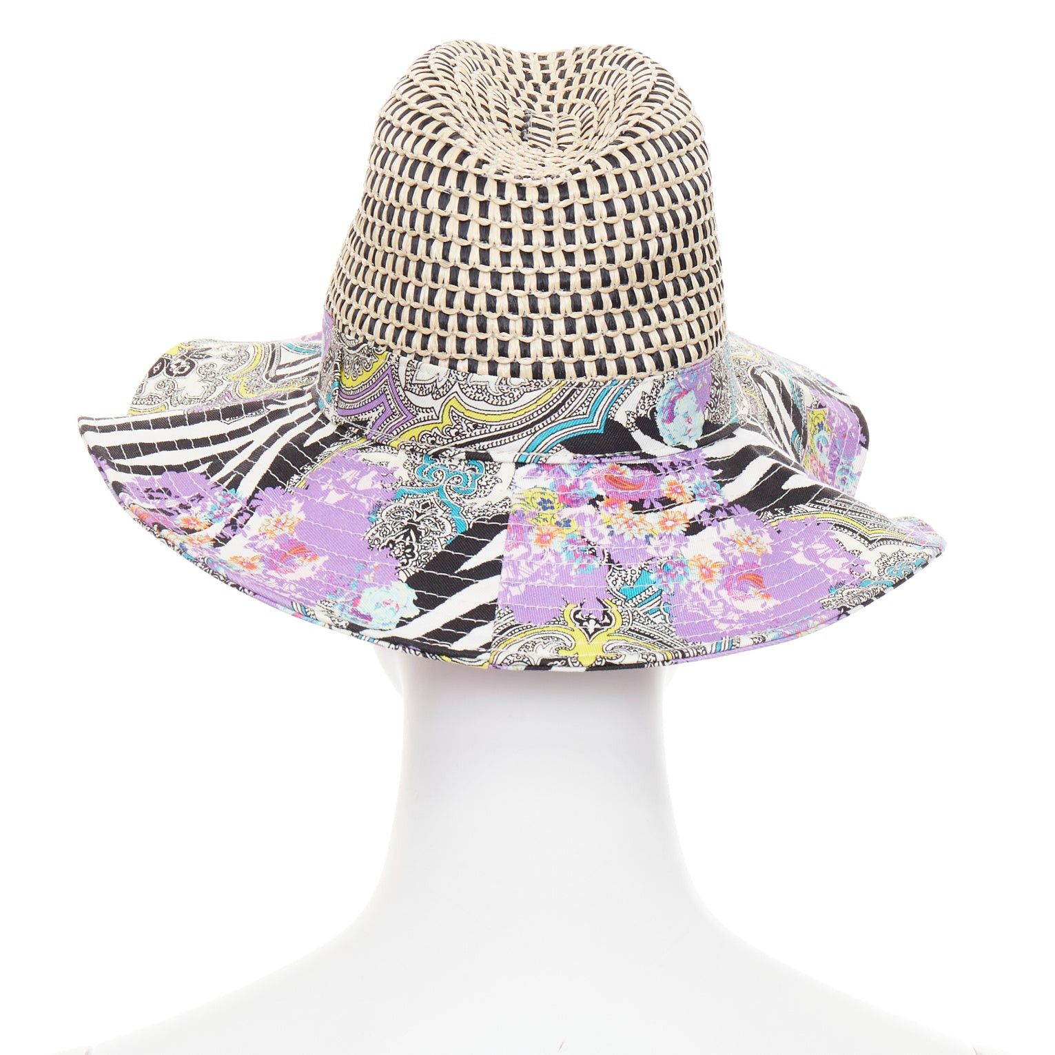 Etro ETRO purple cotton blend paisley print beige raffia jute floppy hat S Size ONE SIZE - 5 Thumbnail