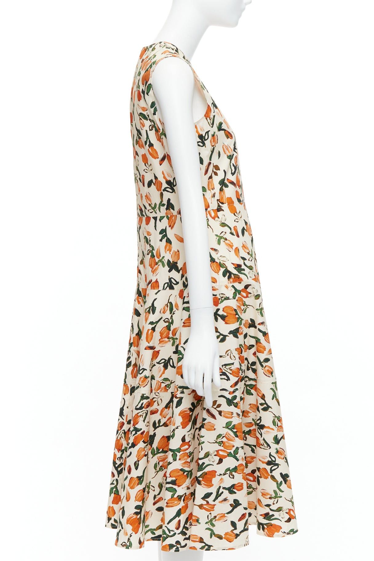 Marni MARNI orange cream cotton tulip floral print midi summer dress IT44 L Size M / US 6-8 / IT 42-44 - 4 Thumbnail