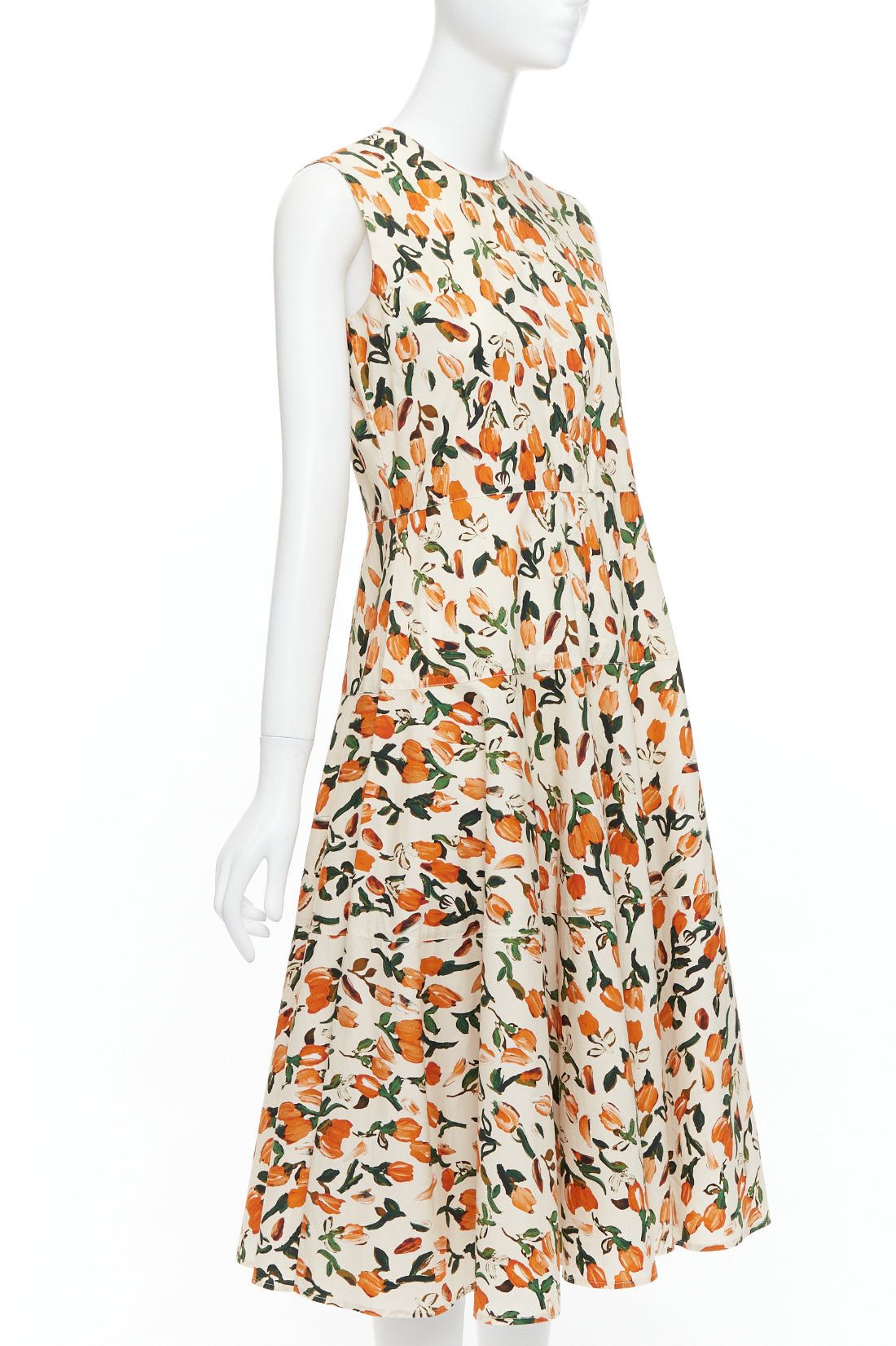 Marni MARNI orange cream cotton tulip floral print midi summer dress IT44 L Size M / US 6-8 / IT 42-44 - 3 Thumbnail