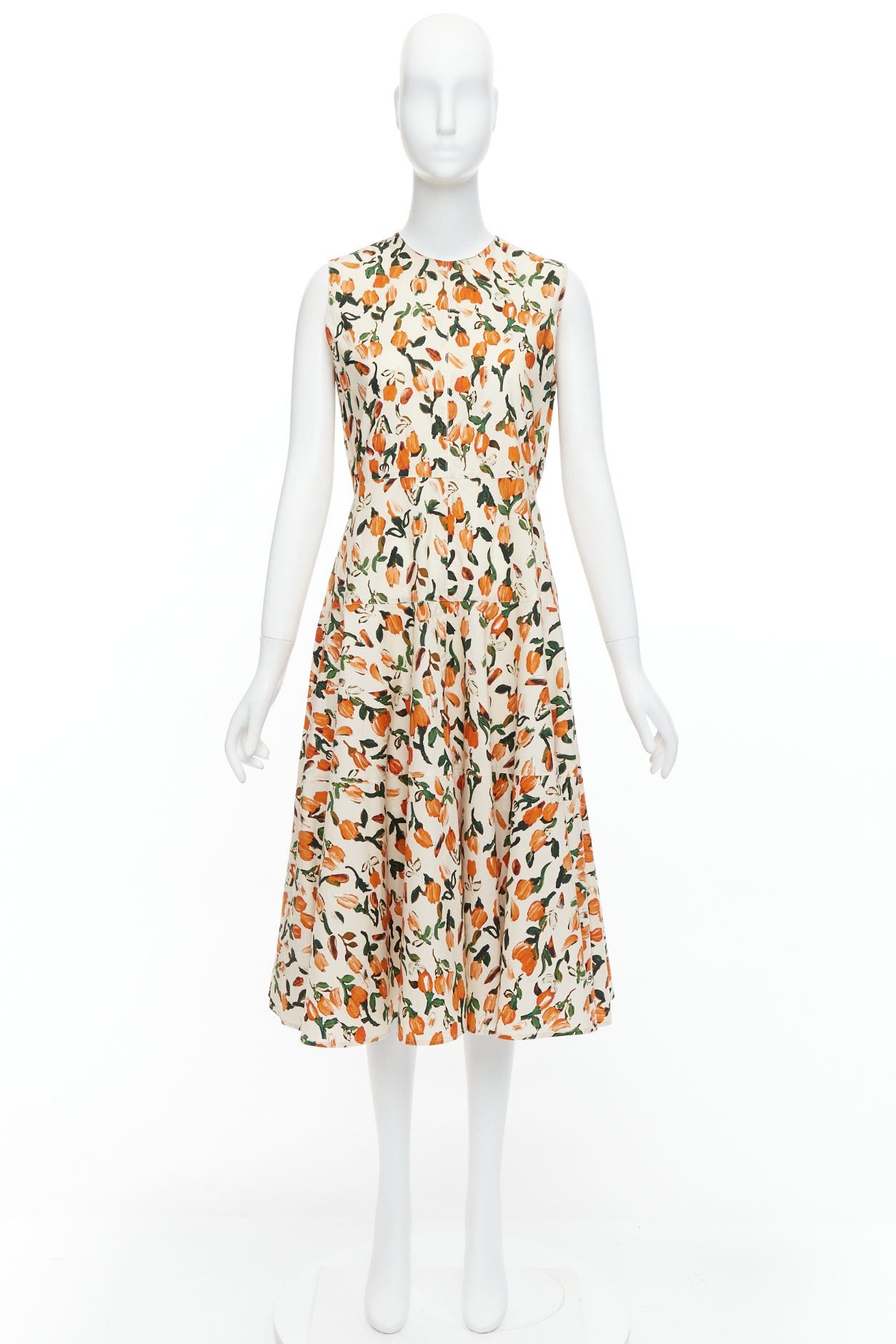 Marni MARNI orange cream cotton tulip floral print midi summer dress IT44 L Size M / US 6-8 / IT 42-44 - 9 Thumbnail