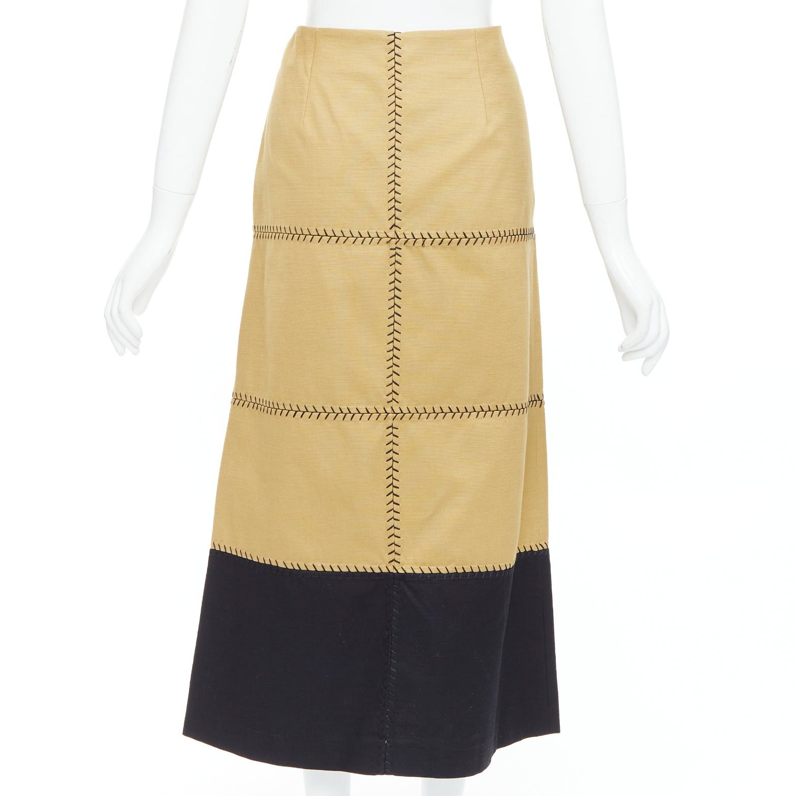 Gabriela Hearst GABRIELA HEARST Lyssa tan cotton black whipstitch design midi skirt IT44 L Size 30" / US 8 / IT 44 - 5 Thumbnail