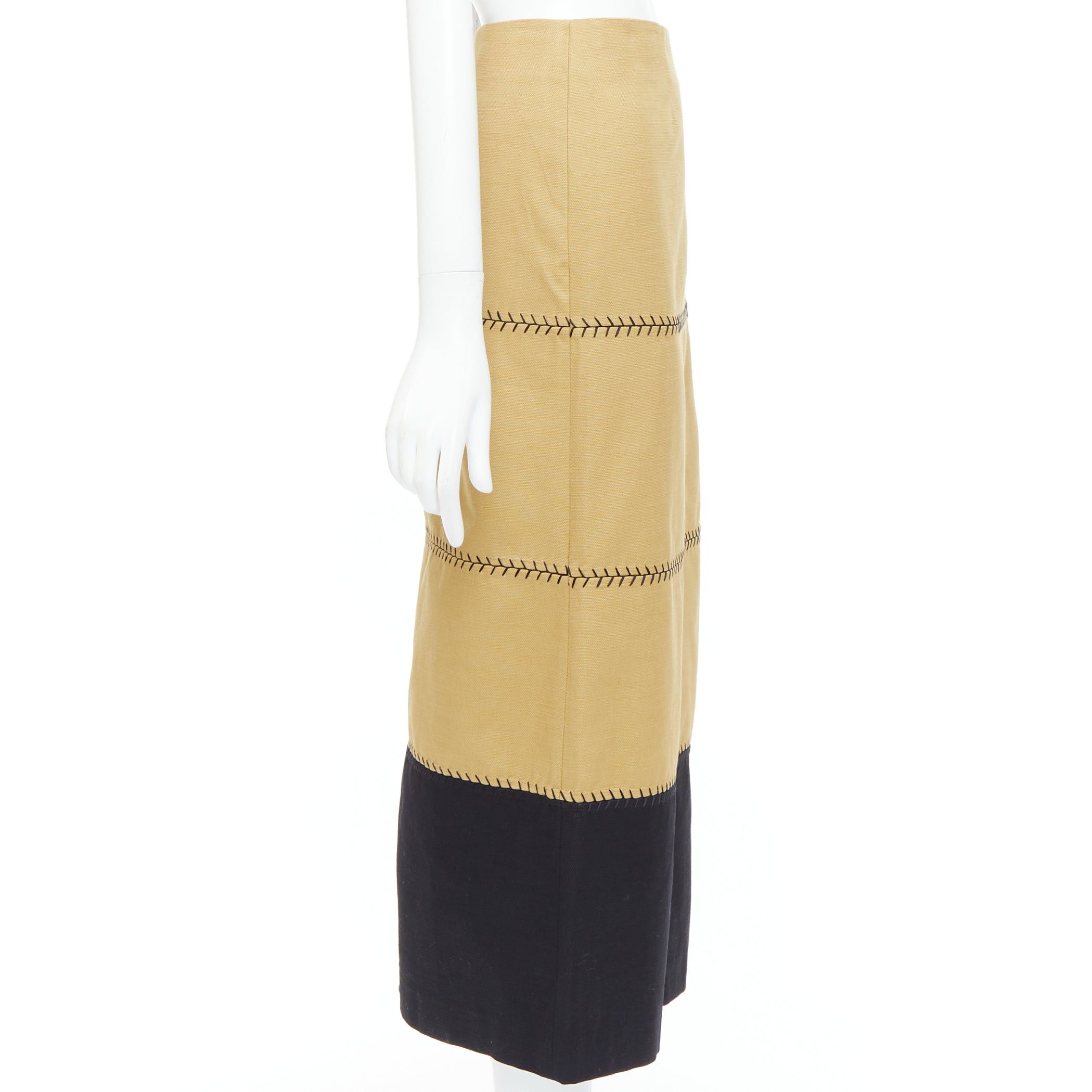 Gabriela Hearst GABRIELA HEARST Lyssa tan cotton black whipstitch design midi skirt IT44 L Size 30" / US 8 / IT 44 - 4 Thumbnail