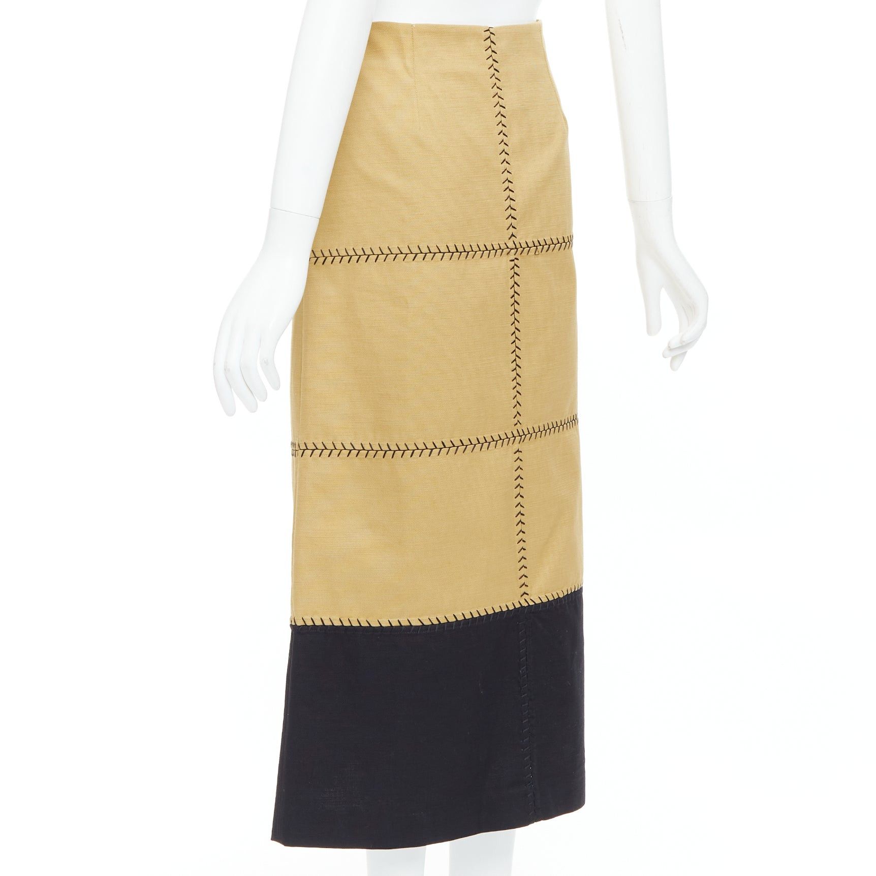 Gabriela Hearst GABRIELA HEARST Lyssa tan cotton black whipstitch design midi skirt IT44 L Size 30" / US 8 / IT 44 - 6 Thumbnail