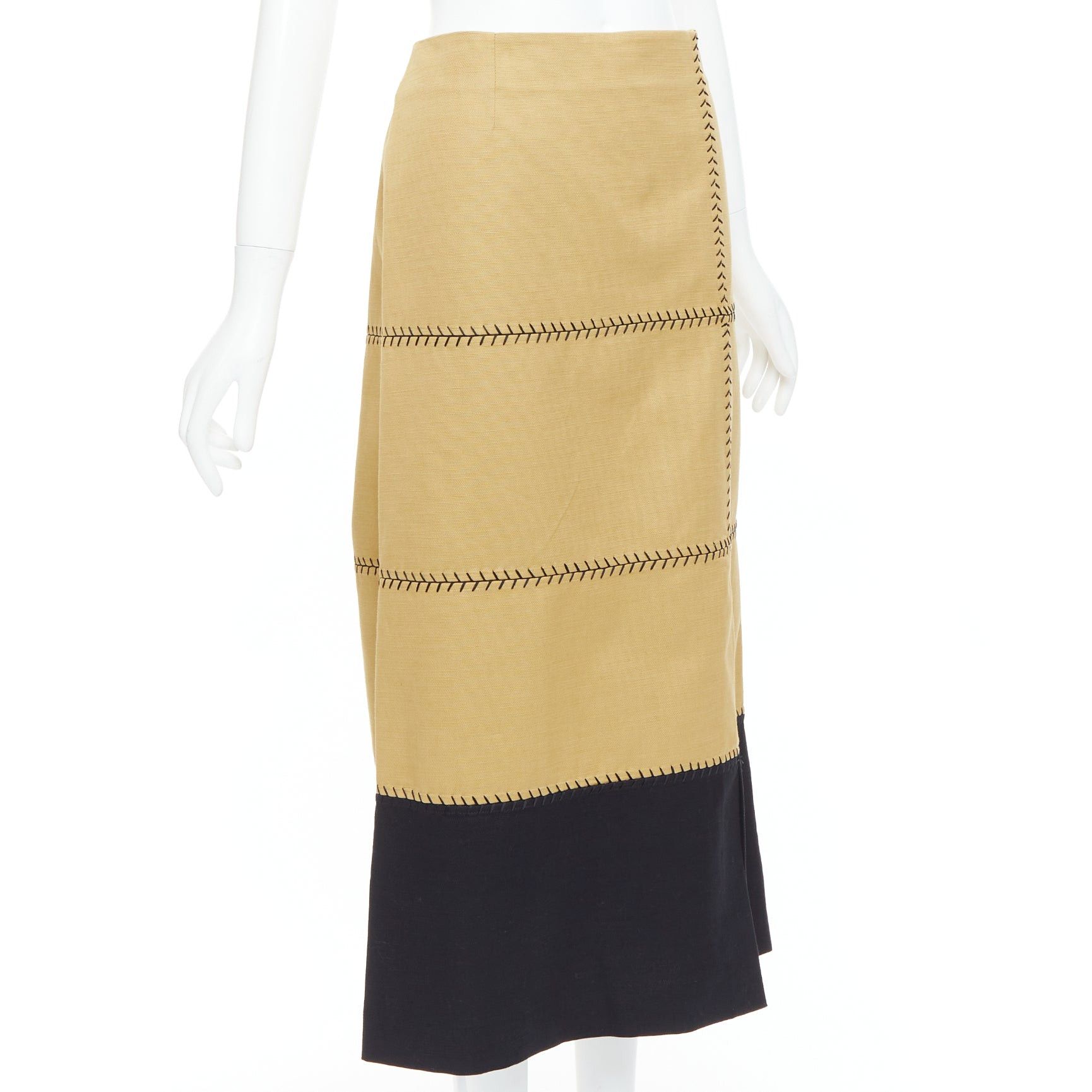 Gabriela Hearst GABRIELA HEARST Lyssa tan cotton black whipstitch design midi skirt IT44 L Size 30" / US 8 / IT 44 - 3 Thumbnail