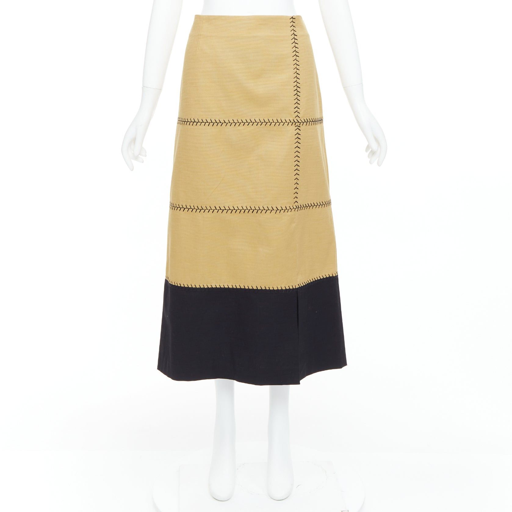 Gabriela Hearst GABRIELA HEARST Lyssa tan cotton black whipstitch design midi skirt IT44 L Size 30" / US 8 / IT 44 - 9 Thumbnail