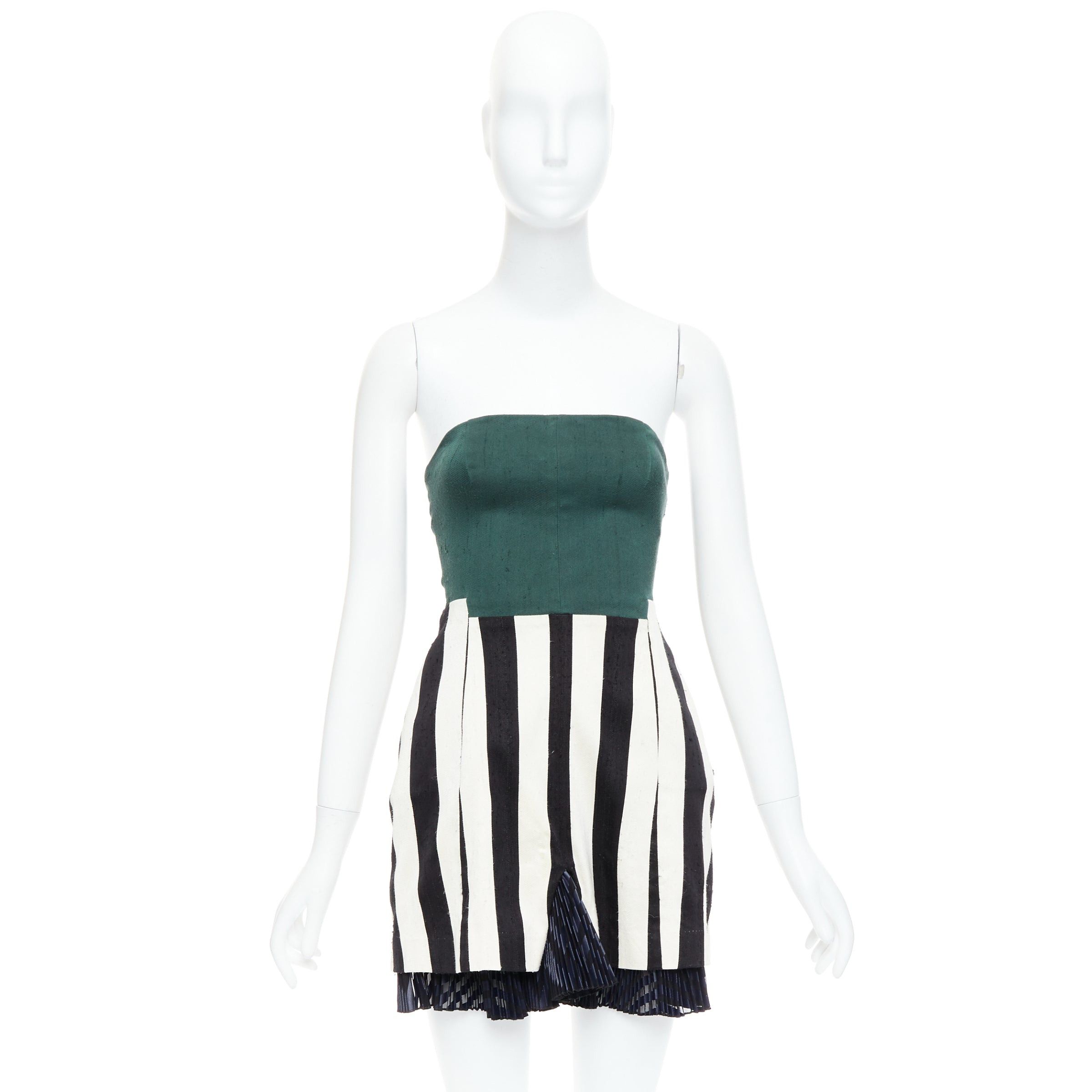 Toga TOGA ARCHIVES green black white silk blend striped strapless mini dress JP1 S Size S / US 4 / IT 40 - 9 Thumbnail