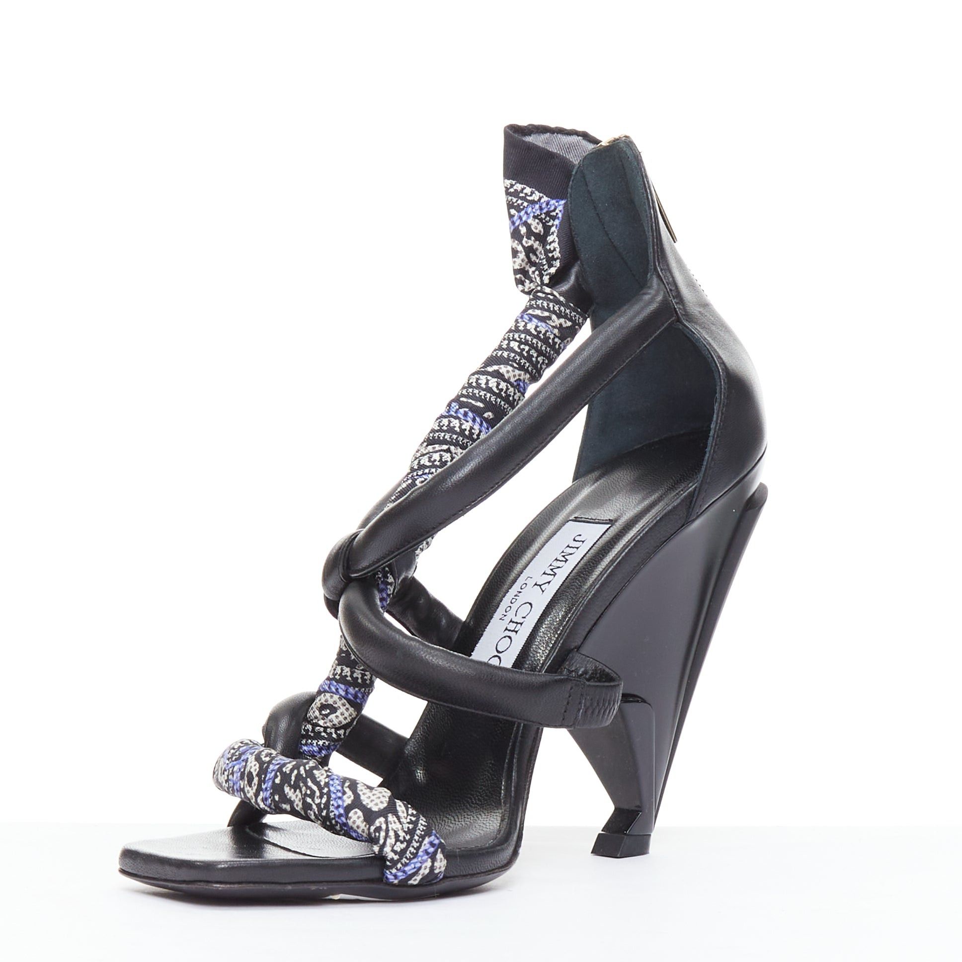 Jimmy Choo JIMMY CHOO Kalypso blue scarf black architectural heel sandals EU36.5 Size US 6.5 / IT 36.5 - 4 Thumbnail