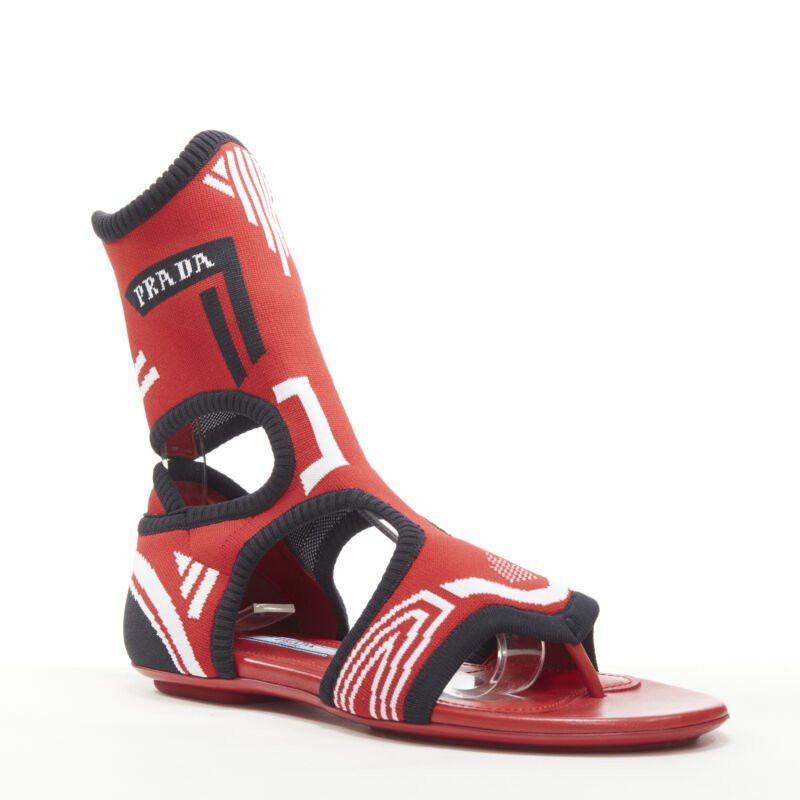 Prada PRADA red black white stretch sock knit thong flat sandals EU35.5 Size US 5.5 / IT 35.5 - 2 Thumbnail