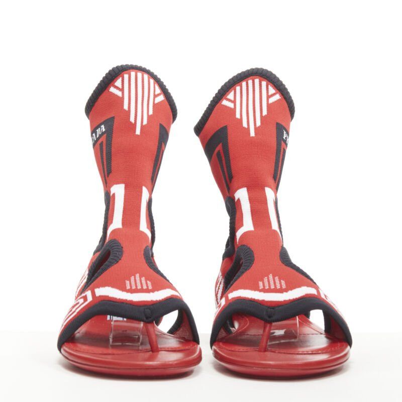 Prada PRADA red black white stretch sock knit thong flat sandals EU35.5 Size US 5.5 / IT 35.5 - 3 Thumbnail