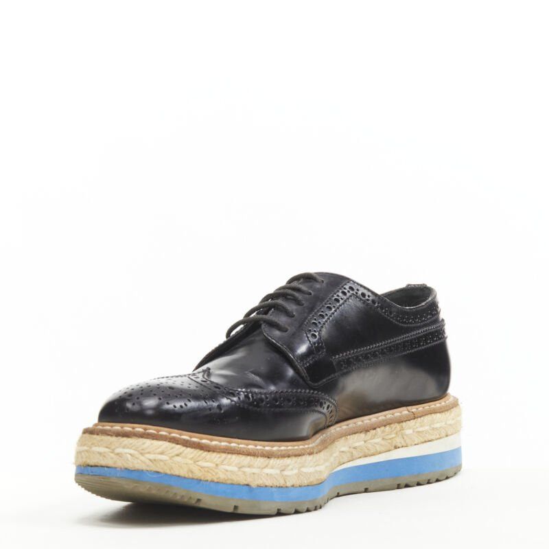 Prada PRADA black perforated leather jute espadrille platform brogue EU36.5 Size US 6.5 / IT 36.5 - 4 Thumbnail