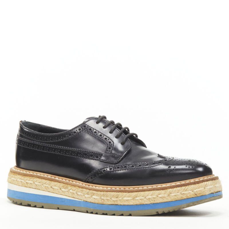 Prada PRADA black perforated leather jute espadrille platform brogue EU36.5 Size US 6.5 / IT 36.5 - 2 Thumbnail