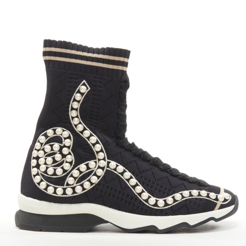 Fendi FENDI Rockoko black pearl embellished black sock knit high top sneaker EU36 Size US 6 / IT 36 - 2 Thumbnail