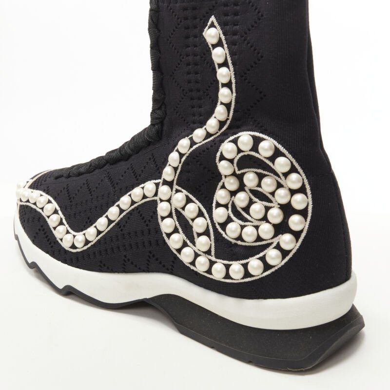 Fendi FENDI Rockoko black pearl embellished black sock knit high top sneaker EU36 Size US 6 / IT 36 - 8 Thumbnail