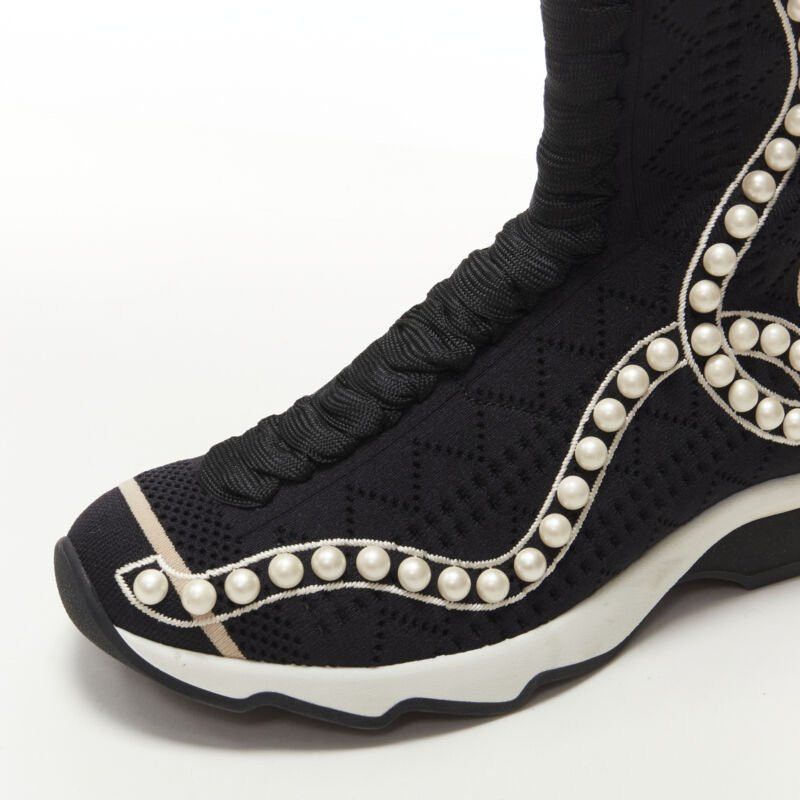 Fendi FENDI Rockoko black pearl embellished black sock knit high top sneaker EU36 Size US 6 / IT 36 - 7 Thumbnail
