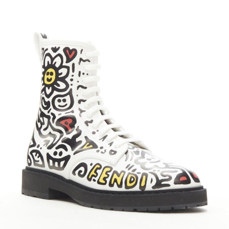 Fendi rare FENDI MR DOODLE white logo graffiti print laced combat ankle boot EU36 Size US 6 / IT 36 - 2 Thumbnail