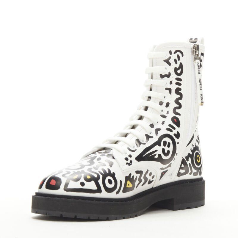 Fendi rare FENDI MR DOODLE white logo graffiti print laced combat ankle boot EU36 Size US 6 / IT 36 - 4 Thumbnail