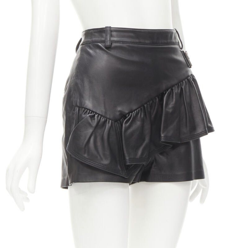 3.1 Phillip Lim 3.1 PHILLIP LIM black leather ruffle biker buckle high rise shorts US0 XS Size 25" / US 0 / IT 36 - 3 Thumbnail
