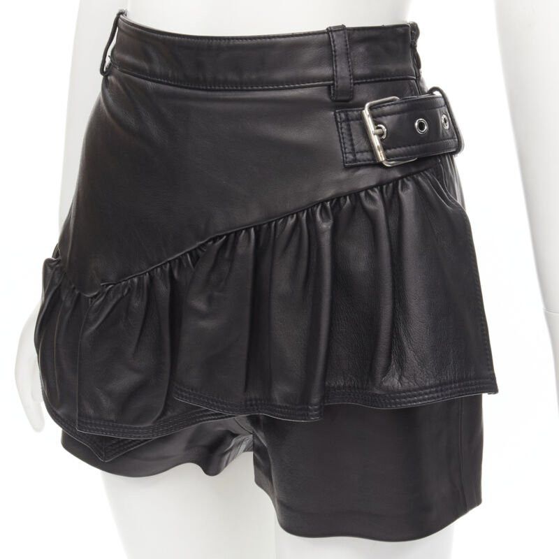 3.1 Phillip Lim 3.1 PHILLIP LIM black leather ruffle biker buckle high rise shorts US0 XS Size 25" / US 0 / IT 36 - 2 Thumbnail