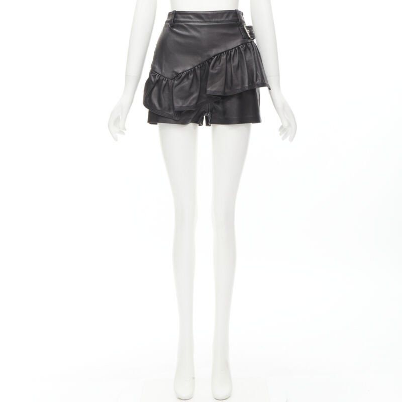 3.1 Phillip Lim 3.1 PHILLIP LIM black leather ruffle biker buckle high rise shorts US0 XS Size 25" / US 0 / IT 36 - 9 Thumbnail