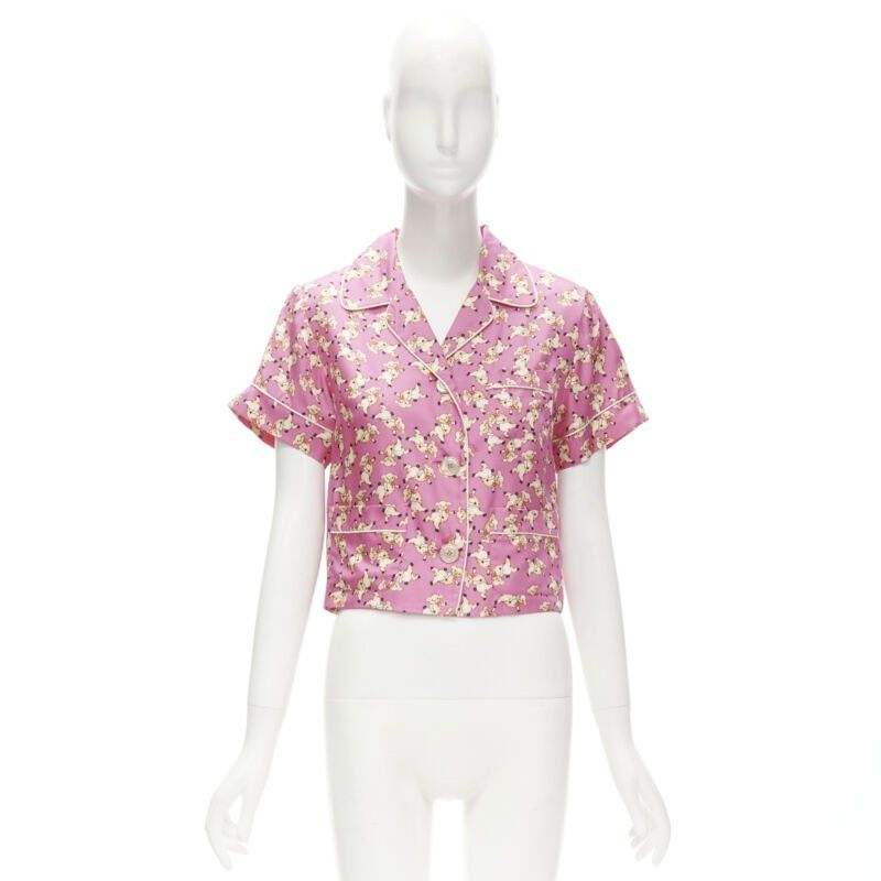 Gucci new GUCCI CNY 2019 100% silk pink piggy print cropped pajama shirt IT36 XS rare Size XS / US 0-2 / IT 36-38 - 9 Thumbnail