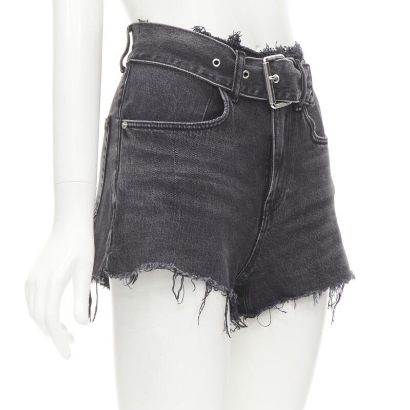 Alexander Wang ALEXANDER WANG black washed denim silver buckle cut off frayed shorts 24" Size 24" / US 00 / IT 34 - 3 Thumbnail