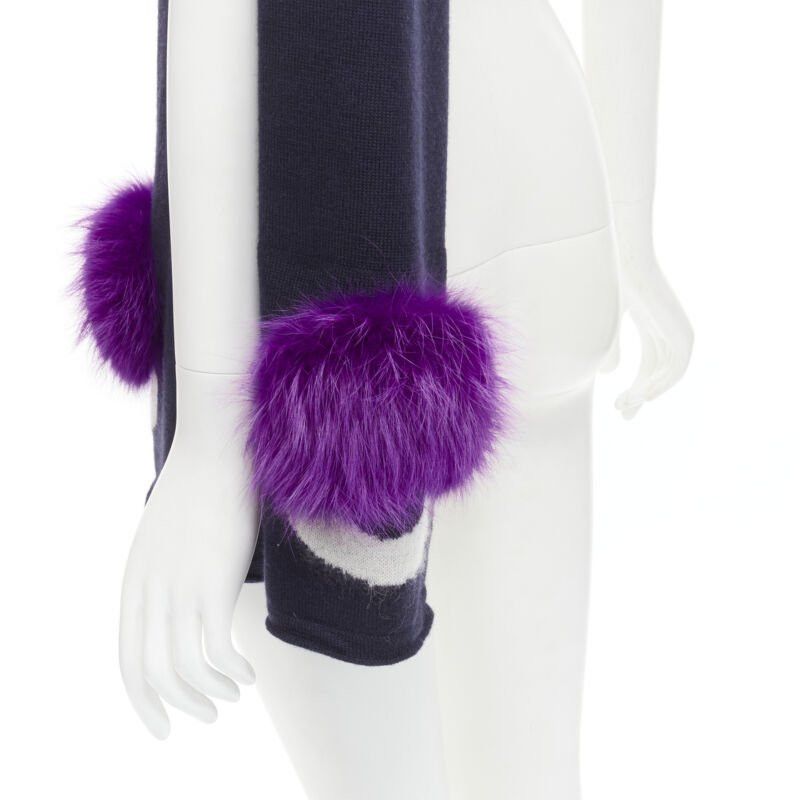 Fendi FENDI 100% wool navy blue Signature Monster Eyes purple fur trimmed scarf Size ONE SIZE - 8 Thumbnail