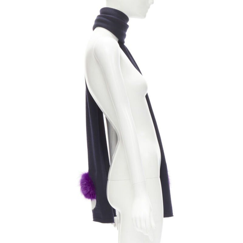 Fendi FENDI 100% wool navy blue Signature Monster Eyes purple fur trimmed scarf Size ONE SIZE - 4 Thumbnail