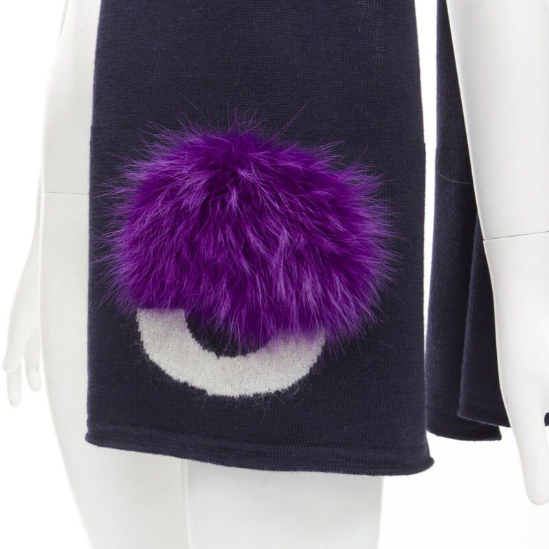 Fendi FENDI 100% wool navy blue Signature Monster Eyes purple fur trimmed scarf Size ONE SIZE - 2 Thumbnail