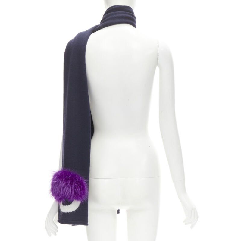 Fendi FENDI 100% wool navy blue Signature Monster Eyes purple fur trimmed scarf Size ONE SIZE - 6 Thumbnail