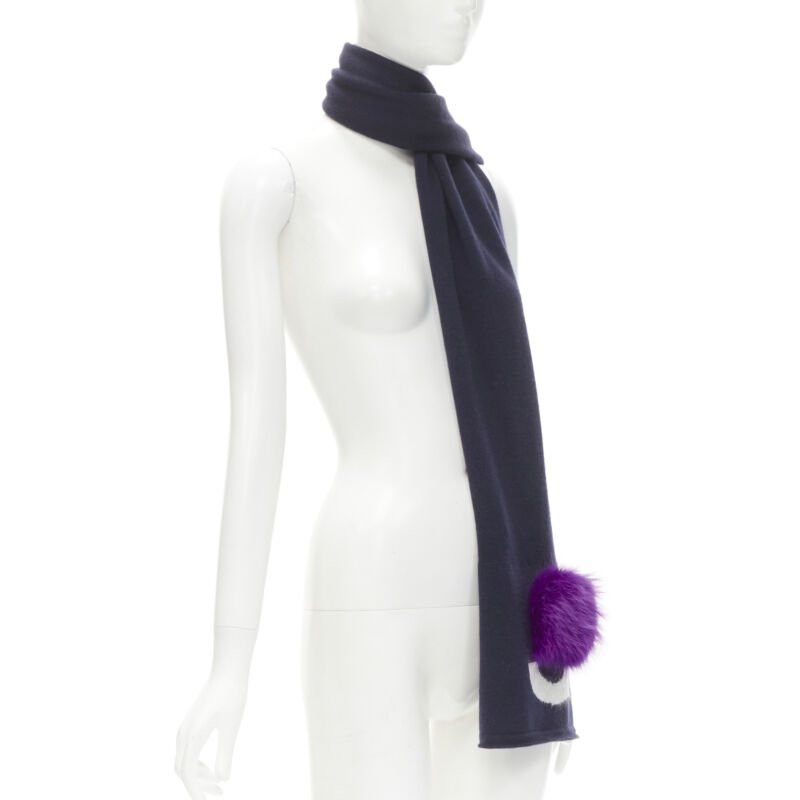 Fendi FENDI 100% wool navy blue Signature Monster Eyes purple fur trimmed scarf Size ONE SIZE - 3 Thumbnail