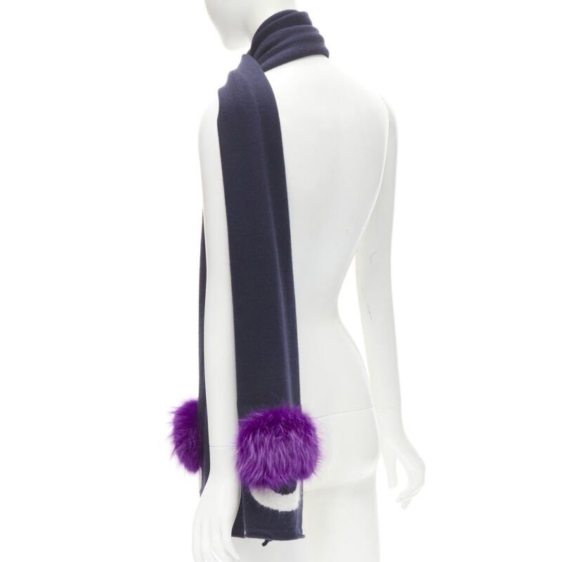 Fendi FENDI 100% wool navy blue Signature Monster Eyes purple fur trimmed scarf Size ONE SIZE - 5 Thumbnail