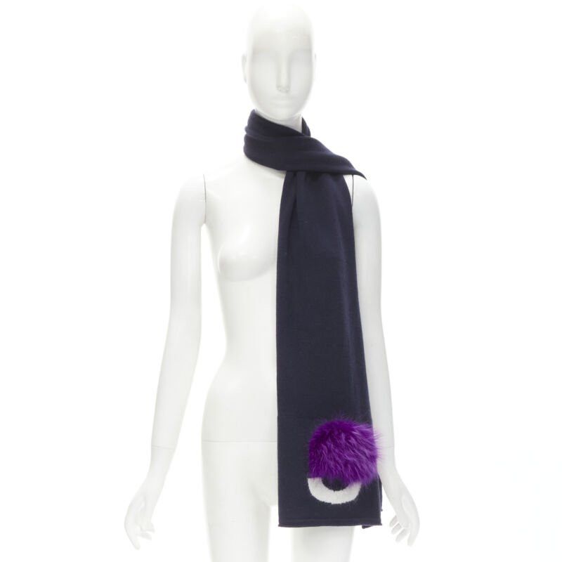 Fendi FENDI 100% wool navy blue Signature Monster Eyes purple fur trimmed scarf Size ONE SIZE - 10 Thumbnail