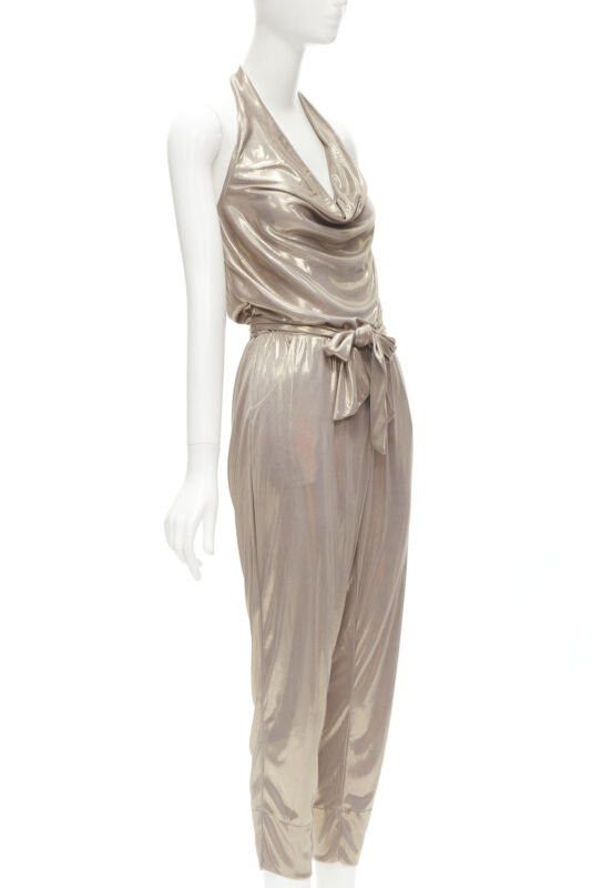 Diane von Furstenberg DIANE VON FUSTENBERG Carolette liquid metal gold halter backless jumpsuit S Size 26" / US 2 / IT 38 - 3 Thumbnail