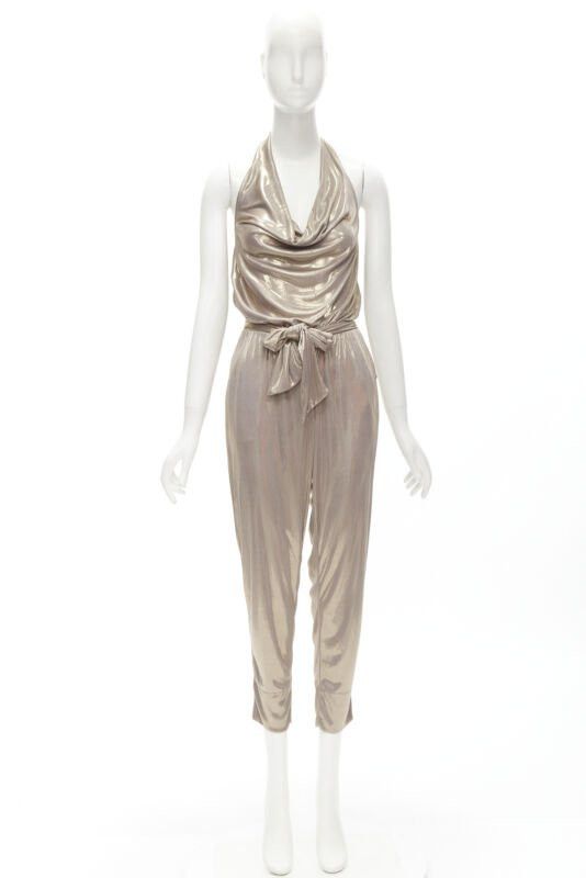 Diane von Furstenberg DIANE VON FUSTENBERG Carolette liquid metal gold halter backless jumpsuit S Size 26" / US 2 / IT 38 - 10 Thumbnail