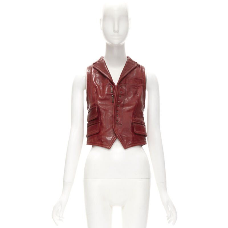 Dsquared2 DSQUARED2 Y2K distressed red leather hook bar cropped vest S Size S / US 4 / IT 40 - 11 Thumbnail