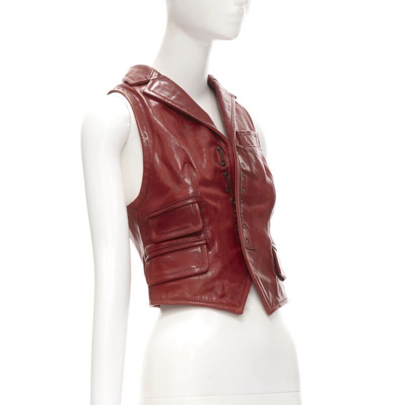 Dsquared2 DSQUARED2 Y2K distressed red leather hook bar cropped vest S Size S / US 4 / IT 40 - 4 Thumbnail