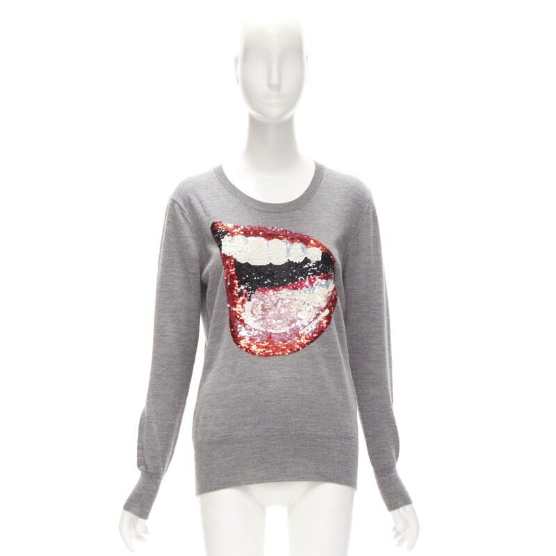 Markus Lupfer MARKUS LUPFER grey knit red lips sequins sweater S Size S / US 4 / IT 40 - 8 Thumbnail