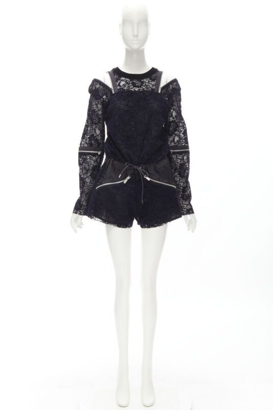 Sacai SACAI navy velvet floral lace pink zipper trim romper playsuit S Size 26" / US 2 / IT 38 - 9 Thumbnail