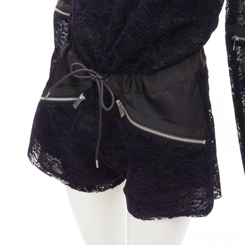 Sacai SACAI navy velvet floral lace pink zipper trim romper playsuit S Size 26" / US 2 / IT 38 - 2 Thumbnail